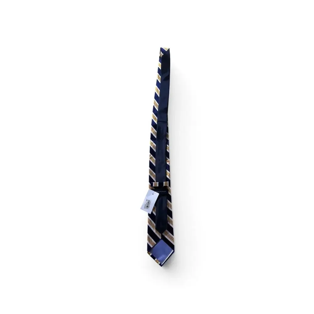 Tommy Hilfiger Men’s Tie NWT Navy Gold White Striped Necktie 57” Classic